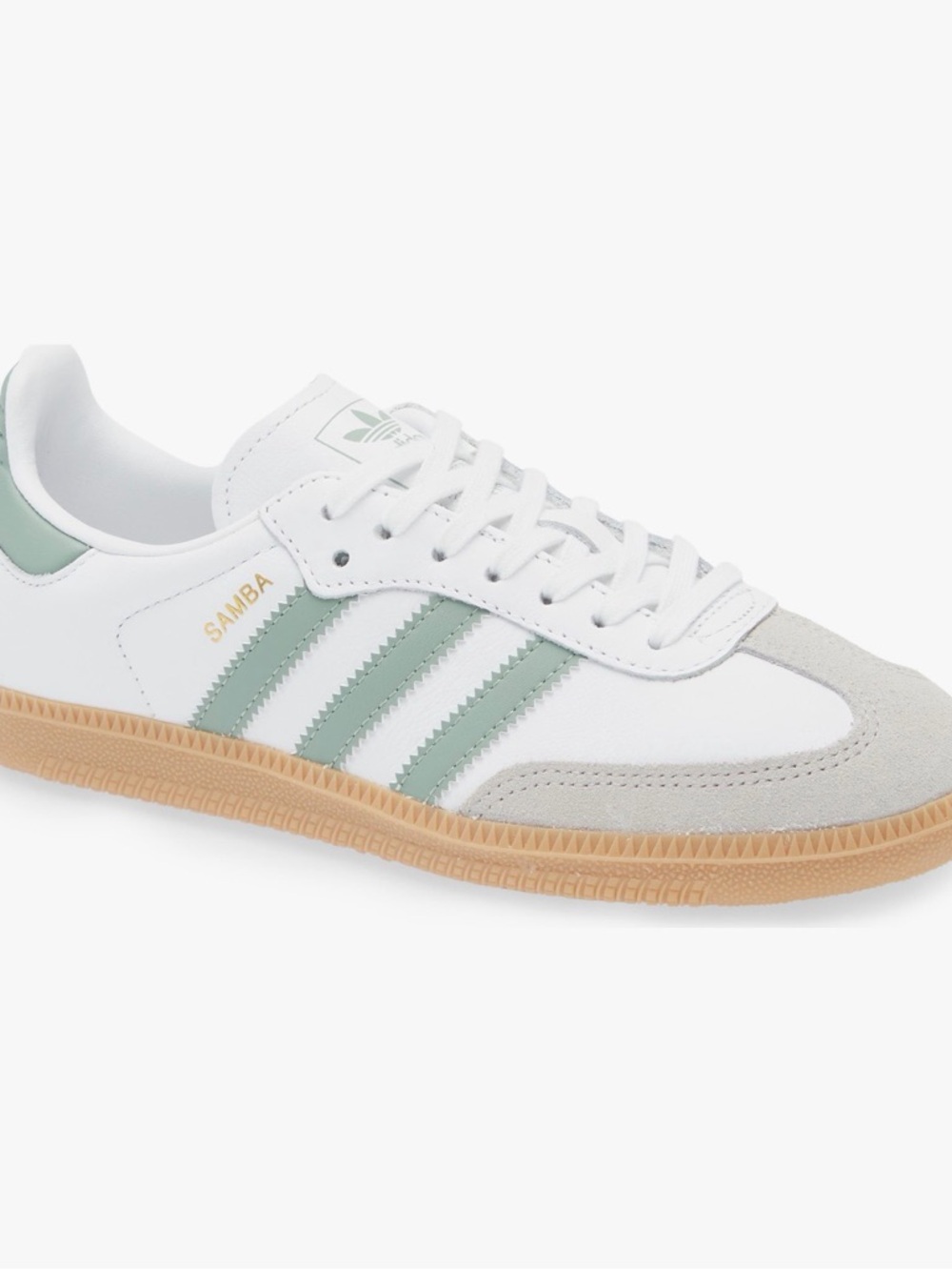 adidas Samba Sneakers in White with Silver- Green Stripes and Gum Sole